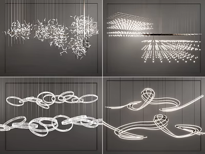 Modern Artistic Chandeliers With Creative Spiral Curved Ring And Chain Designs Illuminated Lighting Fixtures 3d model