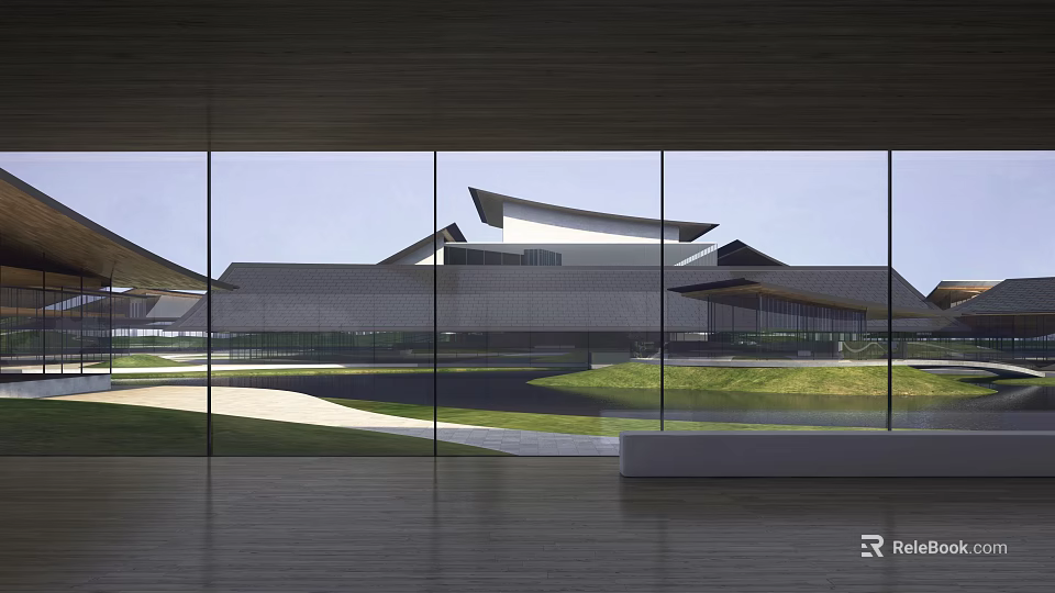 Modern Library Building Showcasing Glass Curtain Wall Roof Design and Green Lawn with Water Pool 3d model 