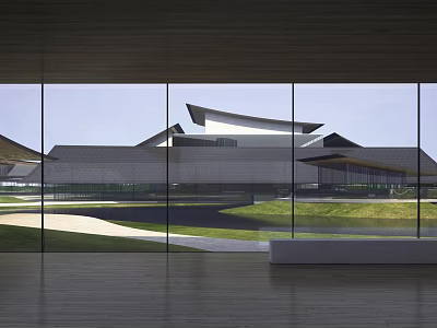 Modern Library Building Showcasing Glass Curtain Wall Roof Design and Green Lawn with Water Pool 3d model