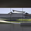 Modern Library Building Showcasing Glass Curtain Wall Roof Design and Green Lawn with Water Pool