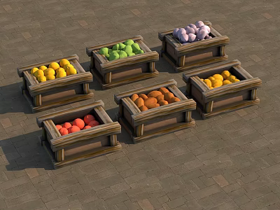 Wooden Crates Filled With Various Colored Fruits On Brick Floor 3d model