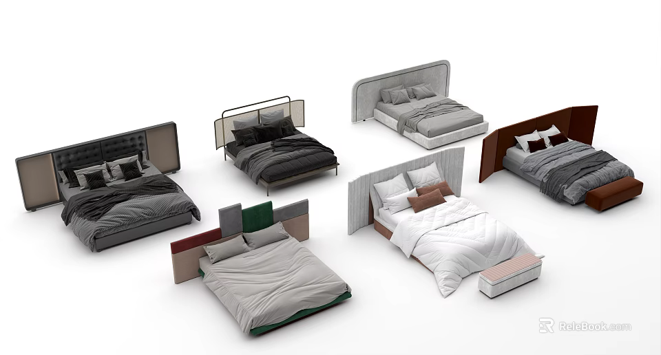 Various Modern Double Bed Designs With Different Headboard Styles And Bed Linens 3d model