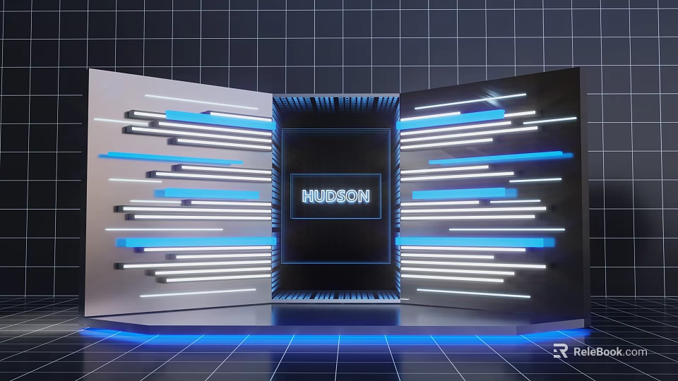 HUDSON Brand Commercial Equipment with Blue White Striped Lighting and Grid Patterned Black Wall 3d model 