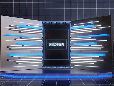 HUDSON Brand Commercial Equipment with Blue White Striped Lighting and Grid Patterned Black Wall 3d model