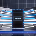HUDSON Brand Commercial Equipment with Blue White Striped Lighting and Grid Patterned Black Wall