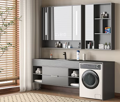 Modern Bathroom Cabinet Rack with Wall Mounted Mirror Washing Machine Storage Cabinets and Toiletries 3d model