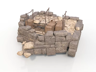 Modern Stone Structure Design With Stacked Stone Walls And Wooden Elements In Outdoor Space 3d model