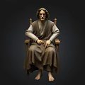 Detailed Seated Man Statue In Robe On Wooden Chair With Dark Background