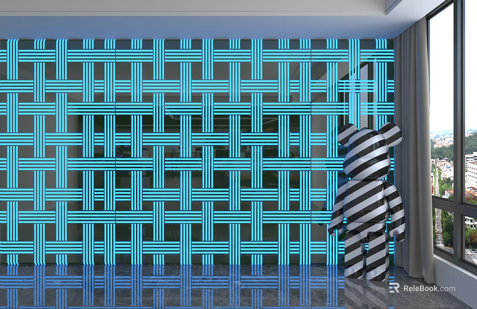 Wall Paneling with Blue Lattice Pattern and Black White Striped Figure in Modern Interior 3d model 