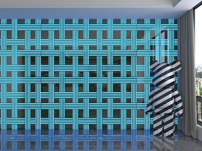 Wall Paneling with Blue Lattice Pattern and Black White Striped Figure in Modern Interior 3d model