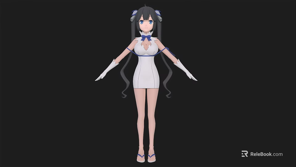 3D Anime Style Woman With Blue Hair White Dress Long Gloves And Sandals 3d model 