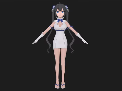 3D Anime Style Woman With Blue Hair White Dress Long Gloves And Sandals 3d model