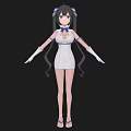 3D Anime Style Woman With Blue Hair White Dress Long Gloves And Sandals