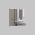 Modern Bathroom Washbasin with Round Mirror Gray Tile Wall and Wooden Cabinet