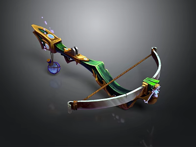 Ornate Fantasy Bow With Green Gold Accents Purple Crystal Orb Elegant String And Carved Details 3d model