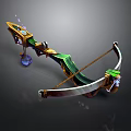 Ornate Fantasy Bow With Green Gold Accents Purple Crystal Orb Elegant String And Carved Details