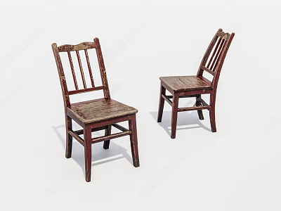 Two Vintage Wooden Leisure Chairs With Backrest Armrest And Wooden Plank Seat In Dark Brown 3d model