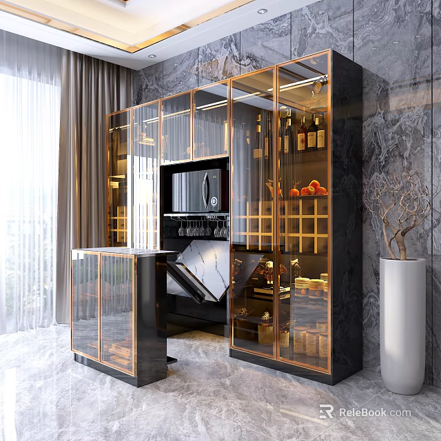 Modern Wine Cabinet With Glass Doors Black Frame Marble Wall And Wine Bottles 3d model 