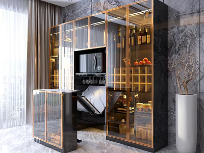 Modern Wine Cabinet With Glass Doors Black Frame Marble Wall And Wine Bottles 3d model