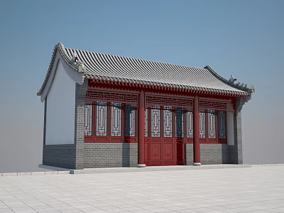 Ancient Chinese Traditional Building Featuring Grey Tile Roof Curved Eaves Red Door And Carved Windows 3d model