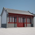 Ancient Chinese Traditional Building Featuring Grey Tile Roof Curved Eaves Red Door And Carved Windows