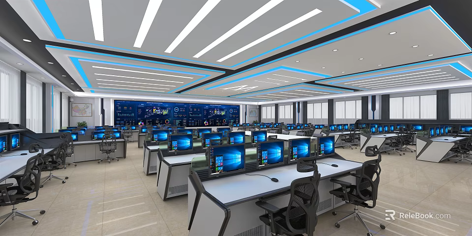 Modern Monitoring Room With Multiple Computer Monitors And Workstations Professional Ceiling Lighting Setup 3d model 
