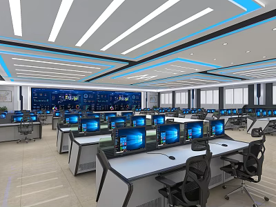 Modern Monitoring Room With Multiple Computer Monitors And Workstations Professional Ceiling Lighting Setup 3d model