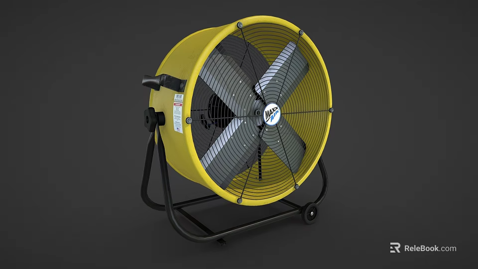 Yellow Industrial Air Cooler Fan With Metal Blades Protective Grill Movable Stand And Wheels 3d model 