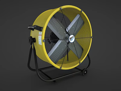Yellow Industrial Air Cooler Fan With Metal Blades Protective Grill Movable Stand And Wheels 3d model