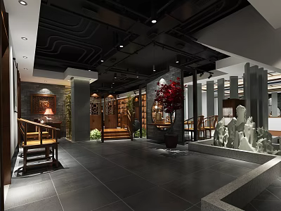 Traditional Chinese Tea House Interior Featuring Wooden Furniture Red Plant And Stone Ornaments 3d model