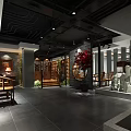 Traditional Chinese Tea House Interior Featuring Wooden Furniture Red Plant And Stone Ornaments