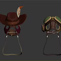 Brown Wide Brim Hat With Feather And Leather Helmet With Green Goggles For Daily Use