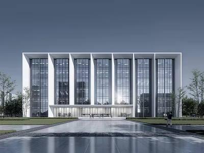 Modern Office Building With Glass Curtain Wall White Frame And Front Plaza Water Reflection Trees 3d model