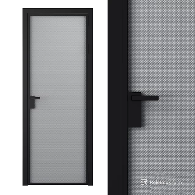 Modern Hinged Door With Black Frame Frosted Glass Mesh Panel And Door Handle 3d model 