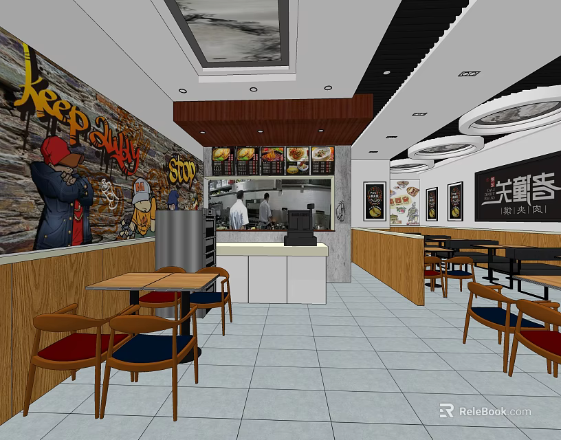 Cheese House Modern Restaurant Interior With Graffiti Art Dining Tables And Service Counter 3d model 