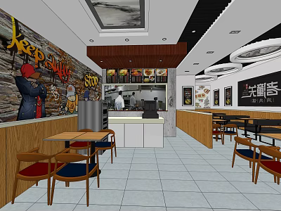 Cheese House Modern Restaurant Interior With Graffiti Art Dining Tables And Service Counter 3d model