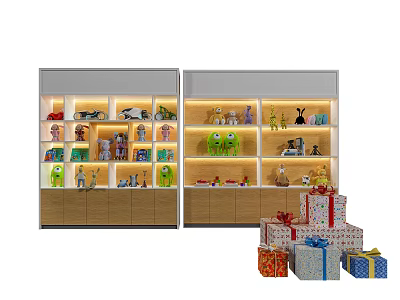Modern Illuminated Display Shelves With Assorted Figurines Decorative Items And Gift Boxes 3d model