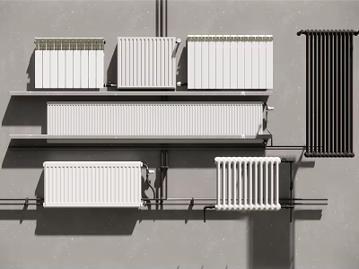 Different Types of Home Heating Radiators With White Panel and Black Vertical Wall Mounted Designs 3d model