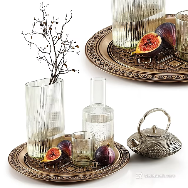 Elegant Glass Tableware Set with Vase Bottles Teapot and Figs on Copper Trays 3d model 