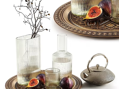 Elegant Glass Tableware Set with Vase Bottles Teapot and Figs on Copper Trays 3d model