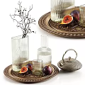 Elegant Glass Tableware Set with Vase Bottles Teapot and Figs on Copper Trays