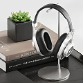 Modern Black Desk Setup With Laptop Lamp Headphones Books And Small Plant