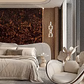 Bedroom Interior With Brown Patterned Wall Light Colored Bed White Nightstand Decorative Lamp And Chair