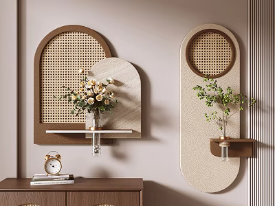 Minimalist Wall Decor With Arch Round Perforated Panels Shelves Vases Flowers Green Plants 3d model