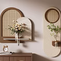 Minimalist Wall Decor With Arch Round Perforated Panels Shelves Vases Flowers Green Plants