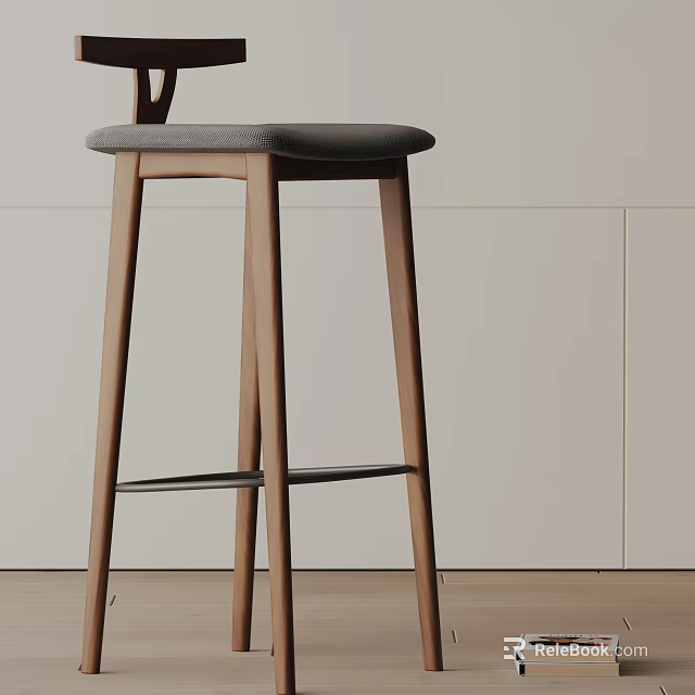 Modern Minimalist Bar Stool With Wooden Legs And Gray Cushion Interior Design 3d model 