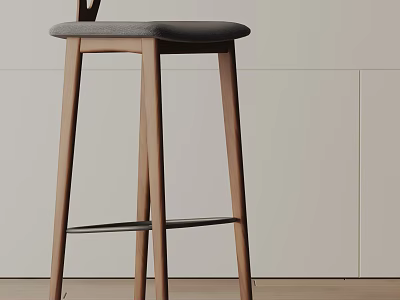 Modern Minimalist Bar Stool With Wooden Legs And Gray Cushion Interior Design 3d model