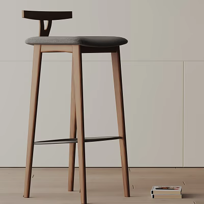 Modern Minimalist Bar Stool With Wooden Legs And Gray Cushion Interior Design 3d model