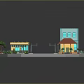 Cartoon City Scene With Crossroads Colorful Buildings Park Trees And Street Lamps