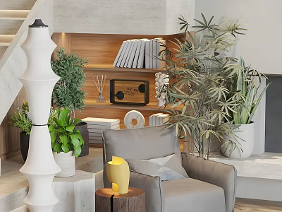 Modern Accent Chair in Cozy Living Room with Green Plants and Decorative Elements 3d model